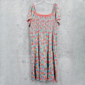 Suzanne Betro Dress 2X Red Blue Floral Lace Trim Square Neck Smocked Bodice New